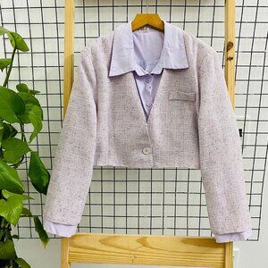 🌸 Lavender Tweed Crop Jacket Layered Shirt Aesthetic Soft Girl Set 💜